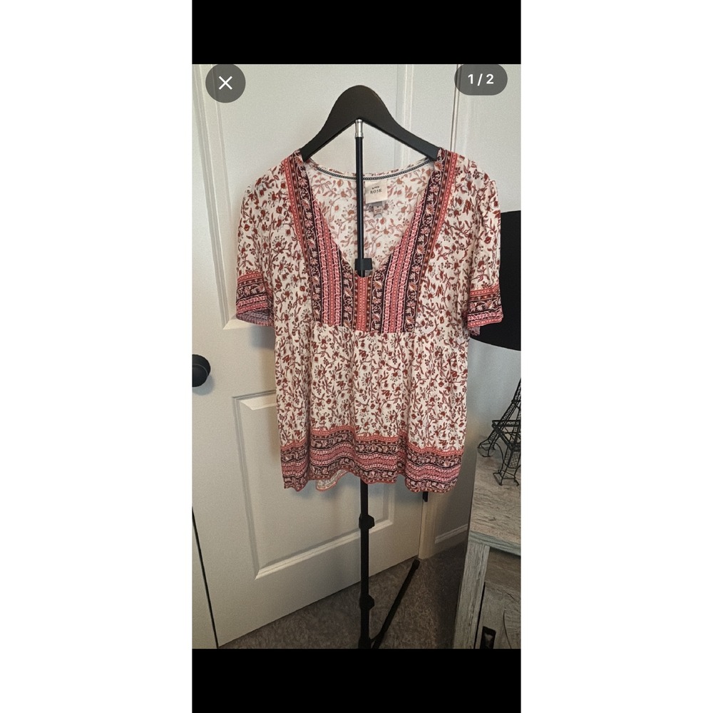 Knox Rose Floral Print Peasant Blouse Women‎ Medium V Neck Short Sleeve Boho